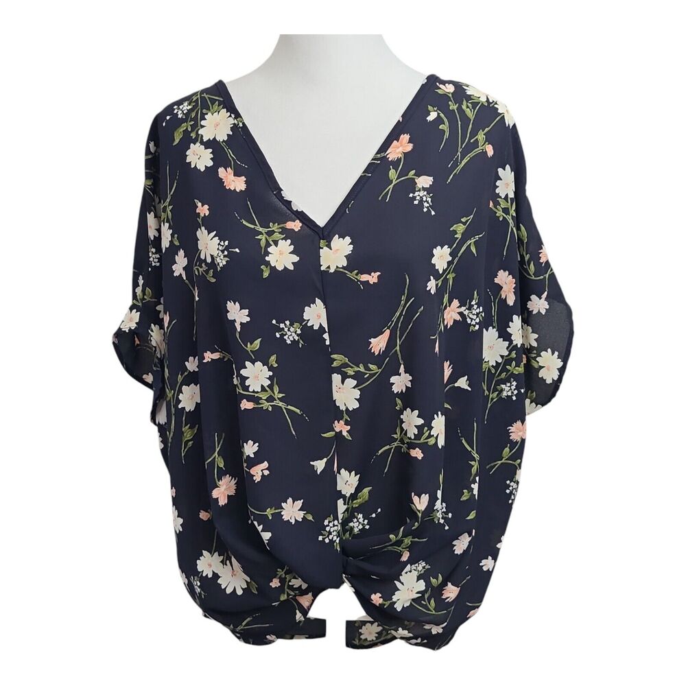 Moci By Purple Rain Floral Navy Blue Blouse Women's‎ XL Top